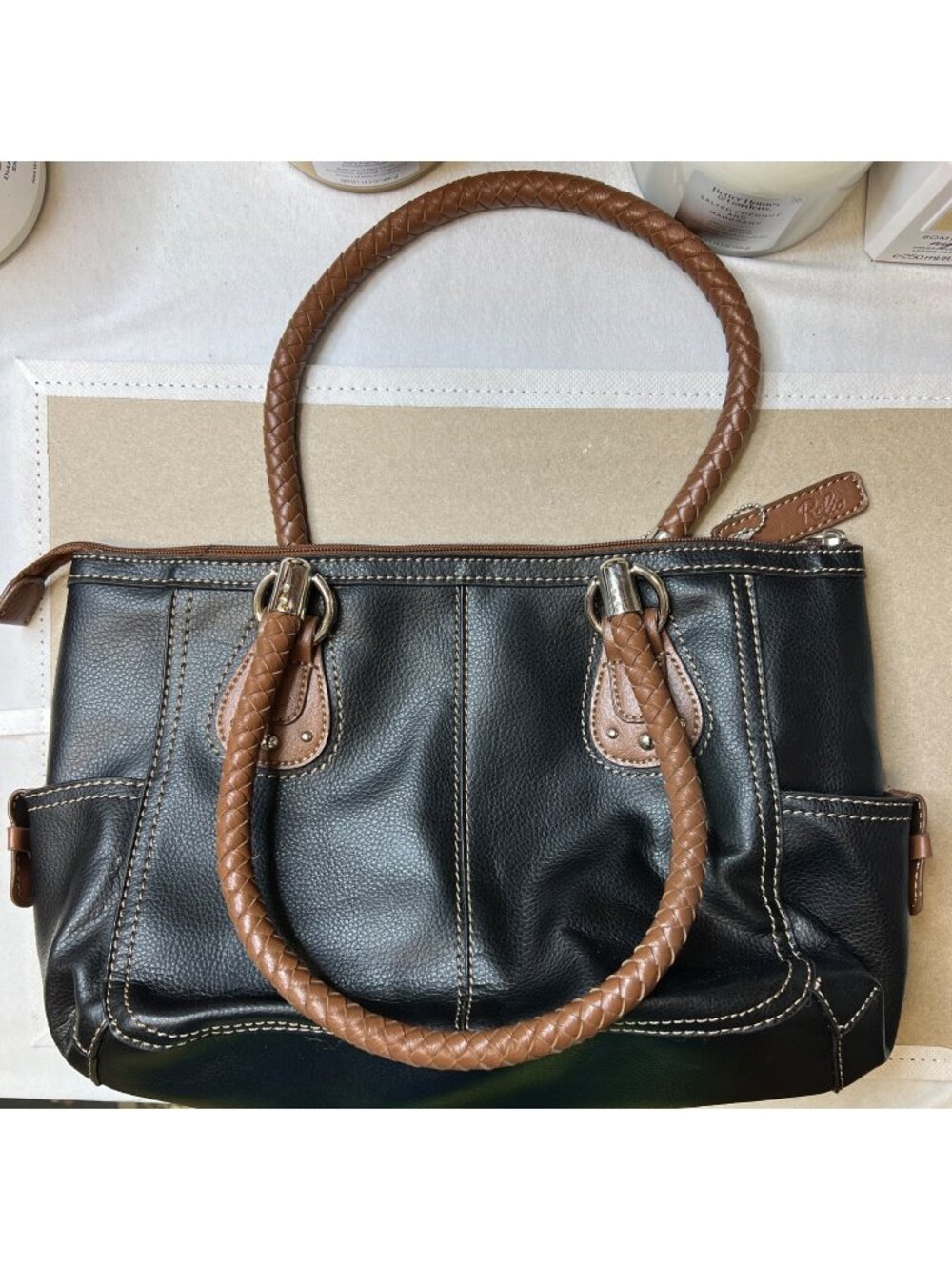 Relic Black & Brown Handbag With Leather Braided Handles Very Clean